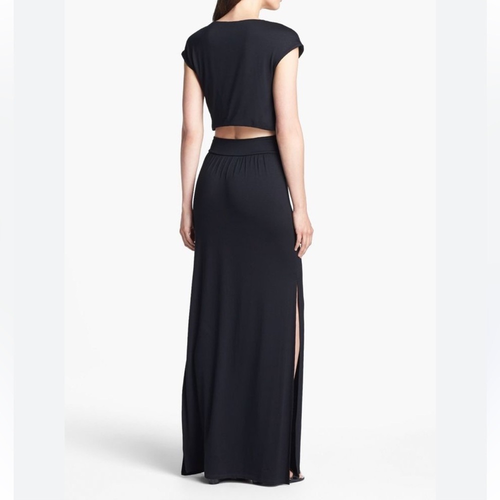 Felicity & Coco Black Jersey Knit Vienna Blouson Maxi,side slits, open back, L